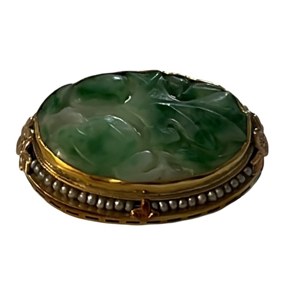 Antique Art Deco Gold Apple Jade Floral Cherry Blossom Pearl Lined Cameo Brooch - Picture 16 of 16
